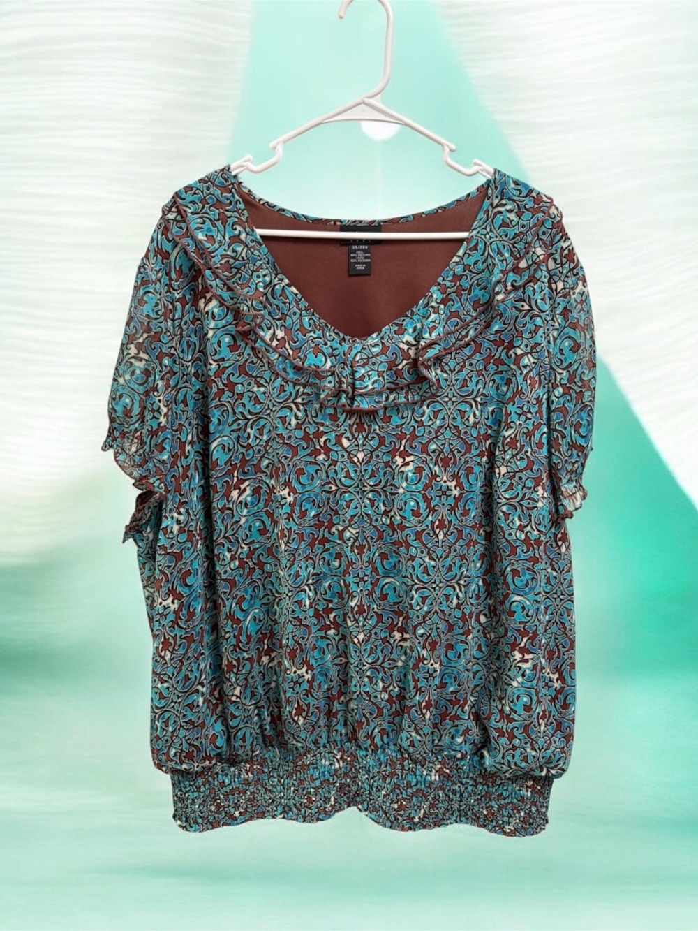Lane Bryant Ruffle Short Sleeve Blouse Teal Brown Gathered Hem Lined 26/28 W